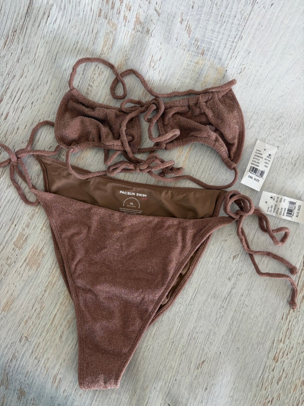 PacSun Bronze Shimmer Tie-Side Bikini, Top (S) & Bottom (XL)